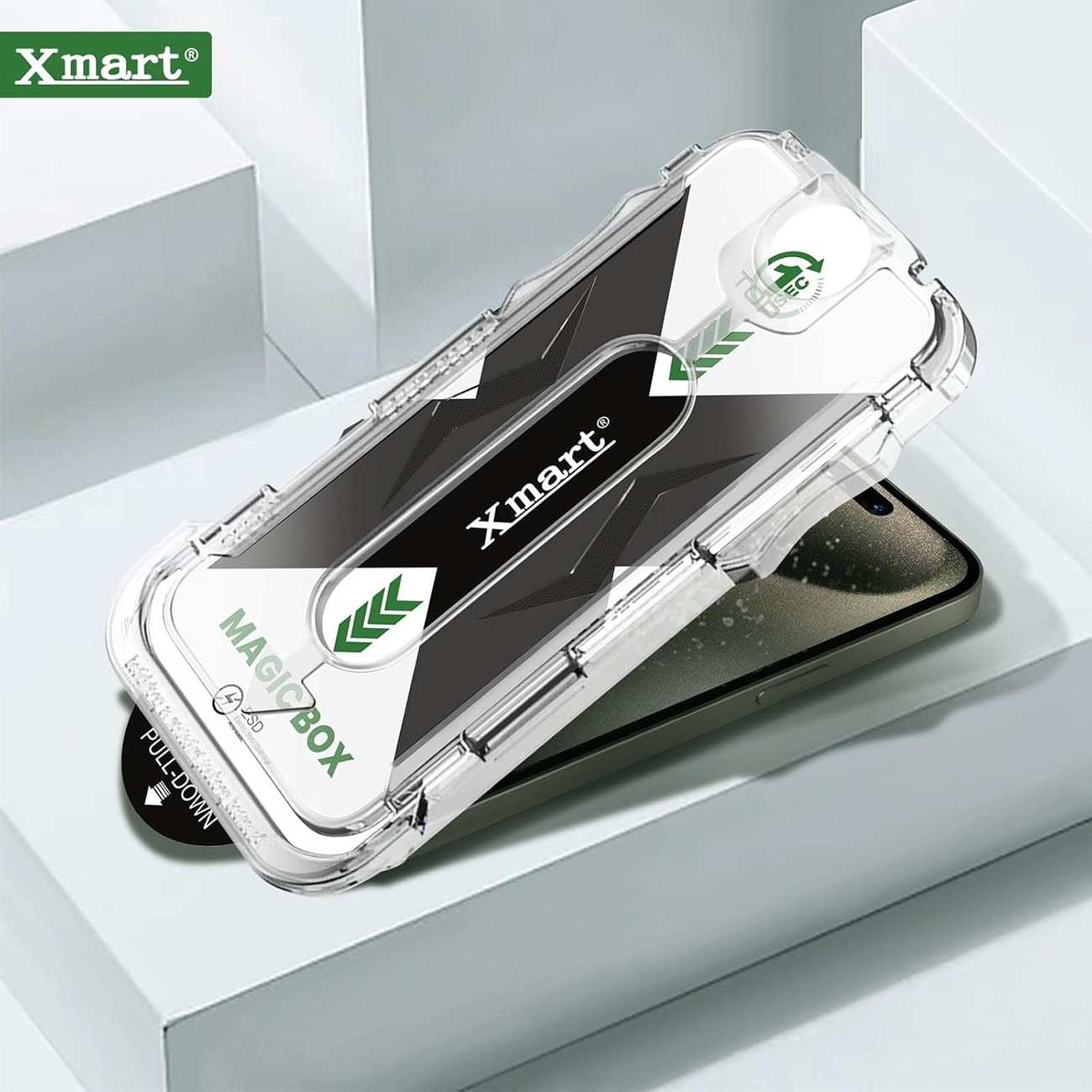 گلس آیفون 15 پرومکس با ابزار نصب ایکس مارت