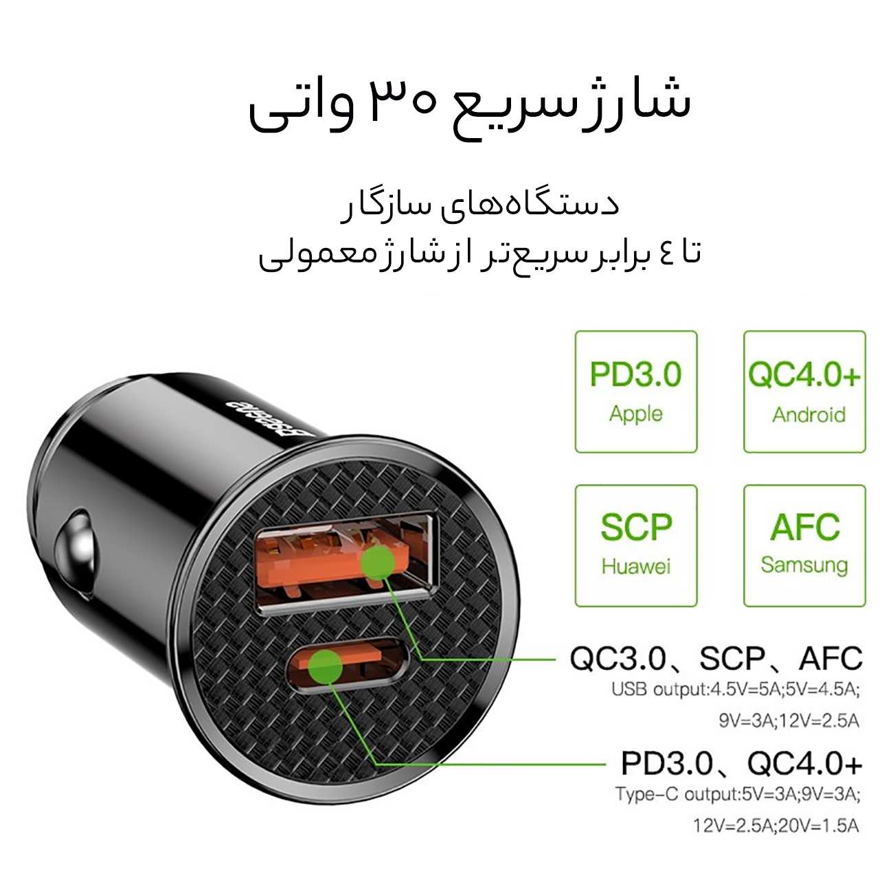 شارژر فندکی فست شارژ ماشین تایپ سی 30 وات بیسوس BS-C16C1 CCALL-Y501