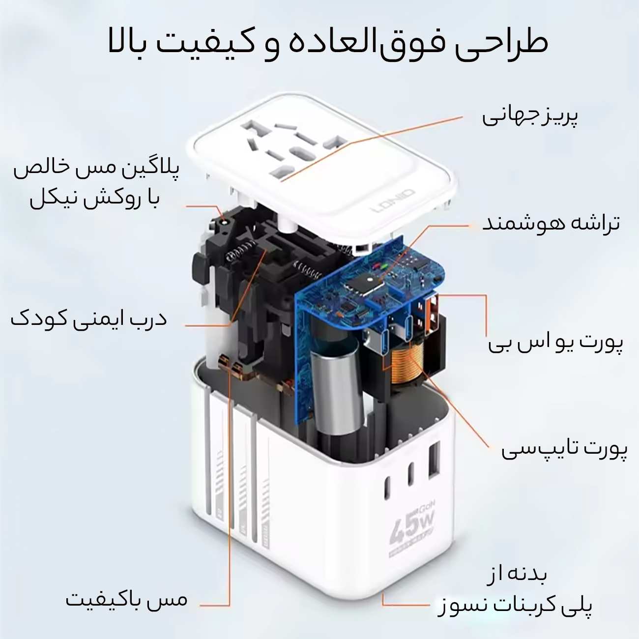 چندراهی برق 45 یک یو اس بی، دو تایپ سی و یک سوکت برق با دوشاخه های مختلف الدنیو Z8