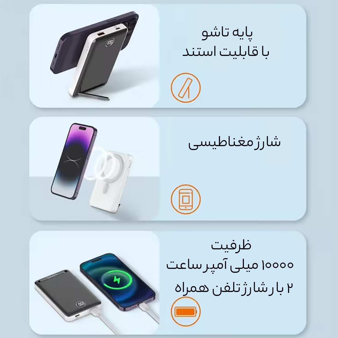 پاور بانک بی سیم مغناطیسی 15 وات 10000 تایپ سی و یو اس بی الدنیو PQ17