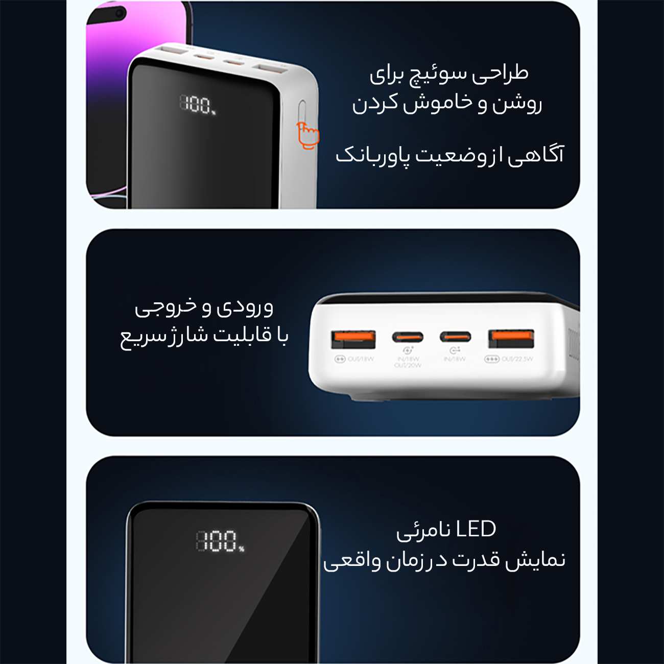 پاوربانک وایرلس مغناطیسی 15 وات 20000 تایپ سی و یو اس بی الدنیو PQ18