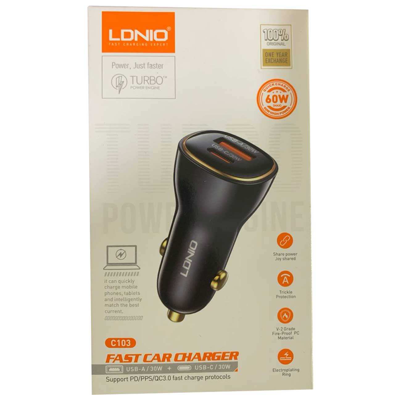 شارژر فندکی فست شارژ ماشین تایپ سی همراه با کابل آیفونی و اندرویدی الدنیو C103