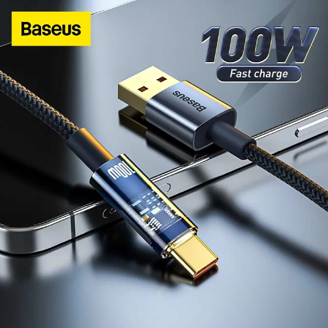 کابل سوپر فست شارژ یواس بی به تایپ سی شفاف 100 وات 2 متری با قطع کن خودکار هوشمند بیسوس CATS000301