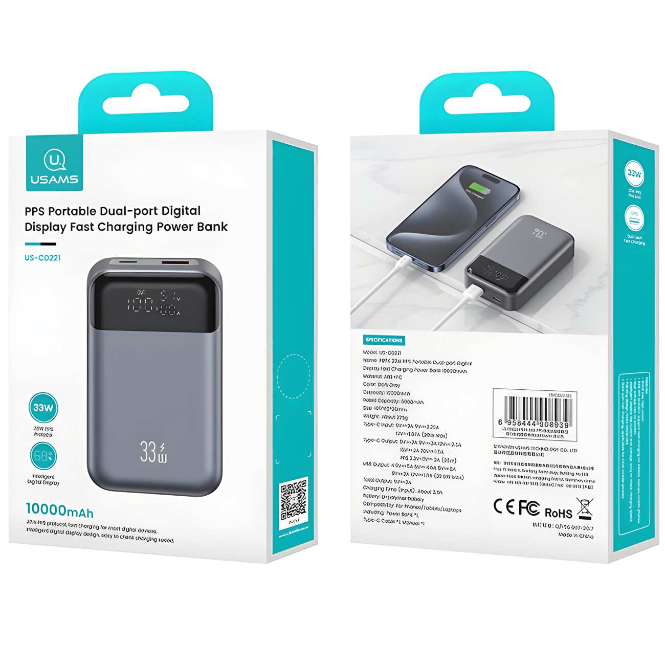 پاور بانک فست شارژ تایپ سی و یو اس بی 33 وات 10000 یوسامز US-CD221 PB74