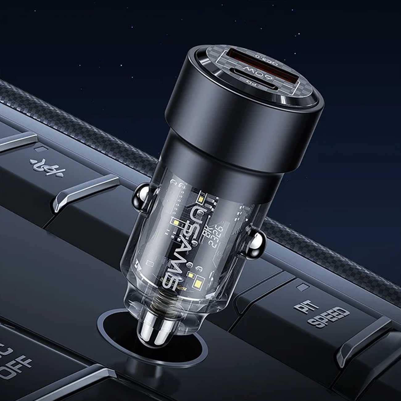 شارژر فندکی فست شارژ ماشین تایپ سی 60 وات طرح شفاف یوسامز US-CC208 C39