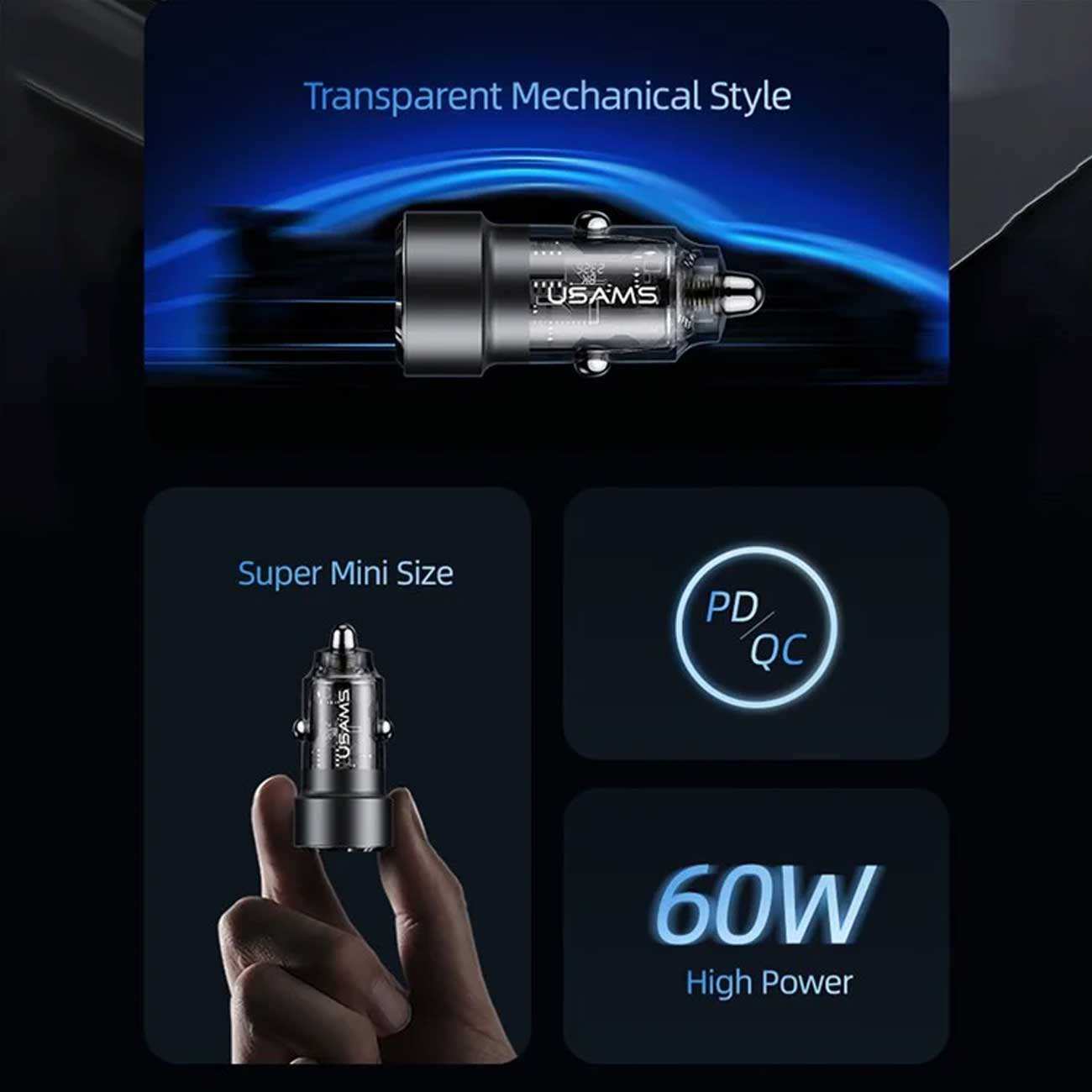 شارژر فندکی فست شارژ ماشین تایپ سی 60 وات طرح شفاف یوسامز US-CC208 C39