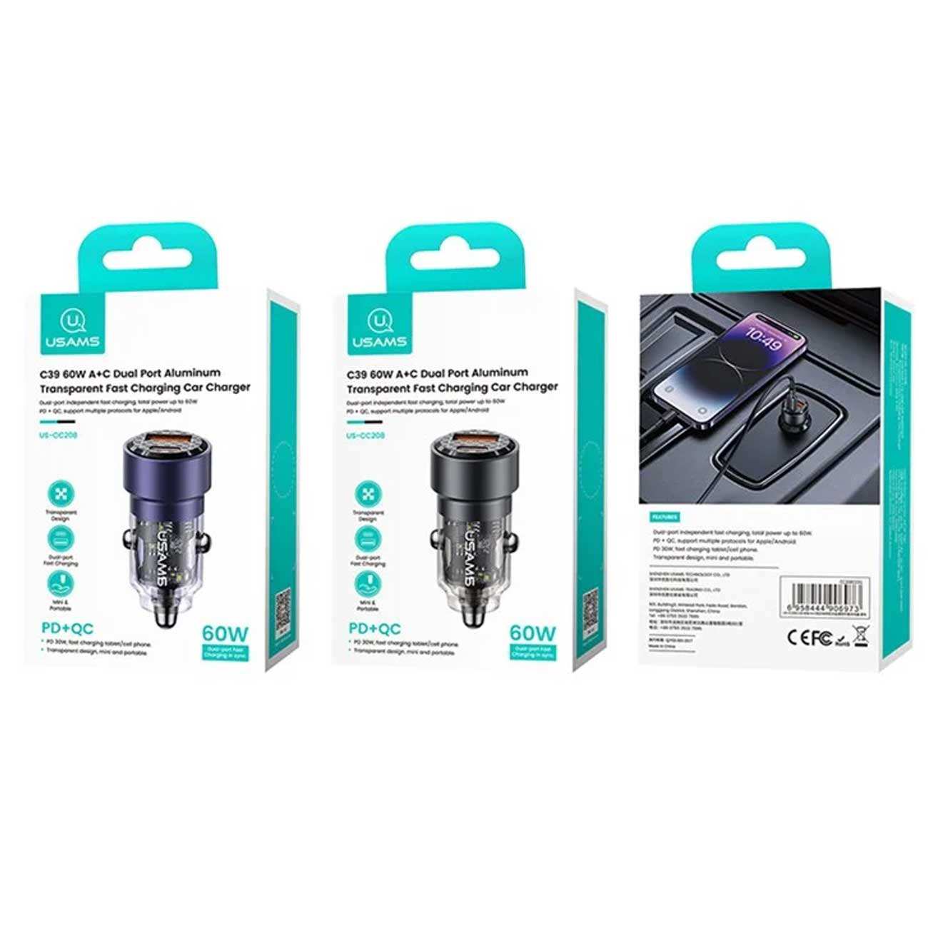 شارژر فندکی فست شارژ ماشین تایپ سی 60 وات طرح شفاف یوسامز US-CC208 C39
