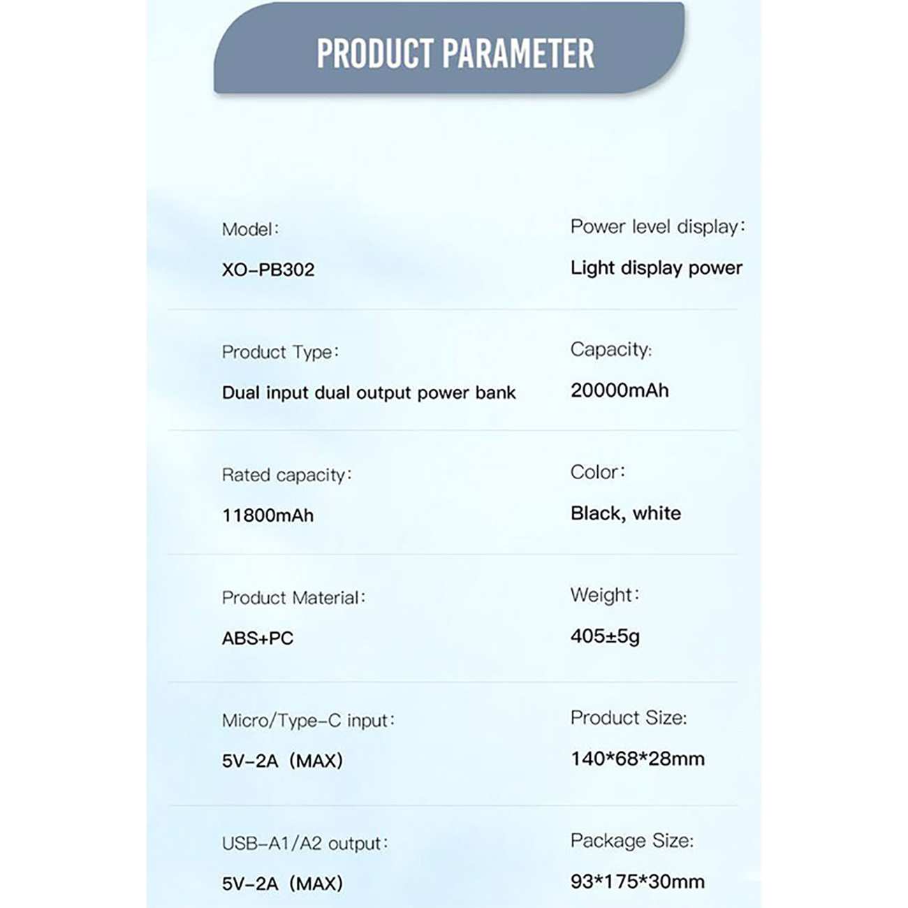 پاوربانک تایپ سی و یو اس بی 20000 ایکس او PB302