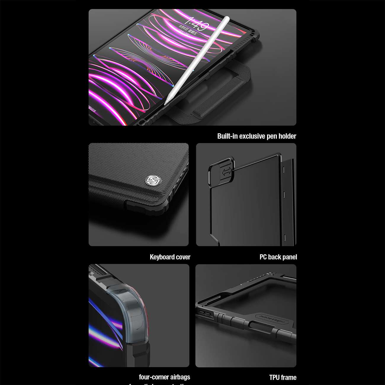 قاب کیبورددار طرح کیف آیپد ایر 11 (2024) و آیپد ایر (2022) ، آیپد ایر 5، آیپد ایر 10.9 اینچ (2020)، آیپد ایر 4، آیپد پرو 11(2020، 2021، 2022) نیلکین Bumper Go Keyboard