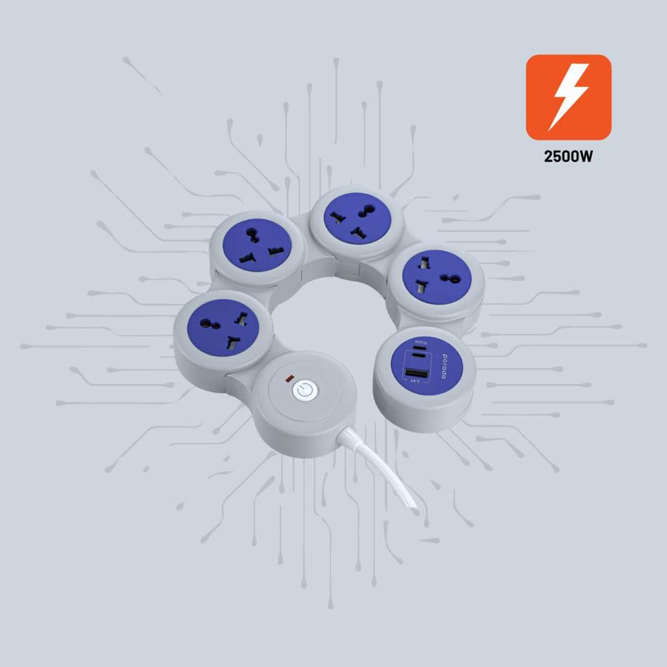 چندراهی و محافظ برق 2500 وات 1 یو اس بی، 2 تایپ سی 20 وات و 4 سوکت برق 1.8 متری پورودو PD-FWCH020-GY