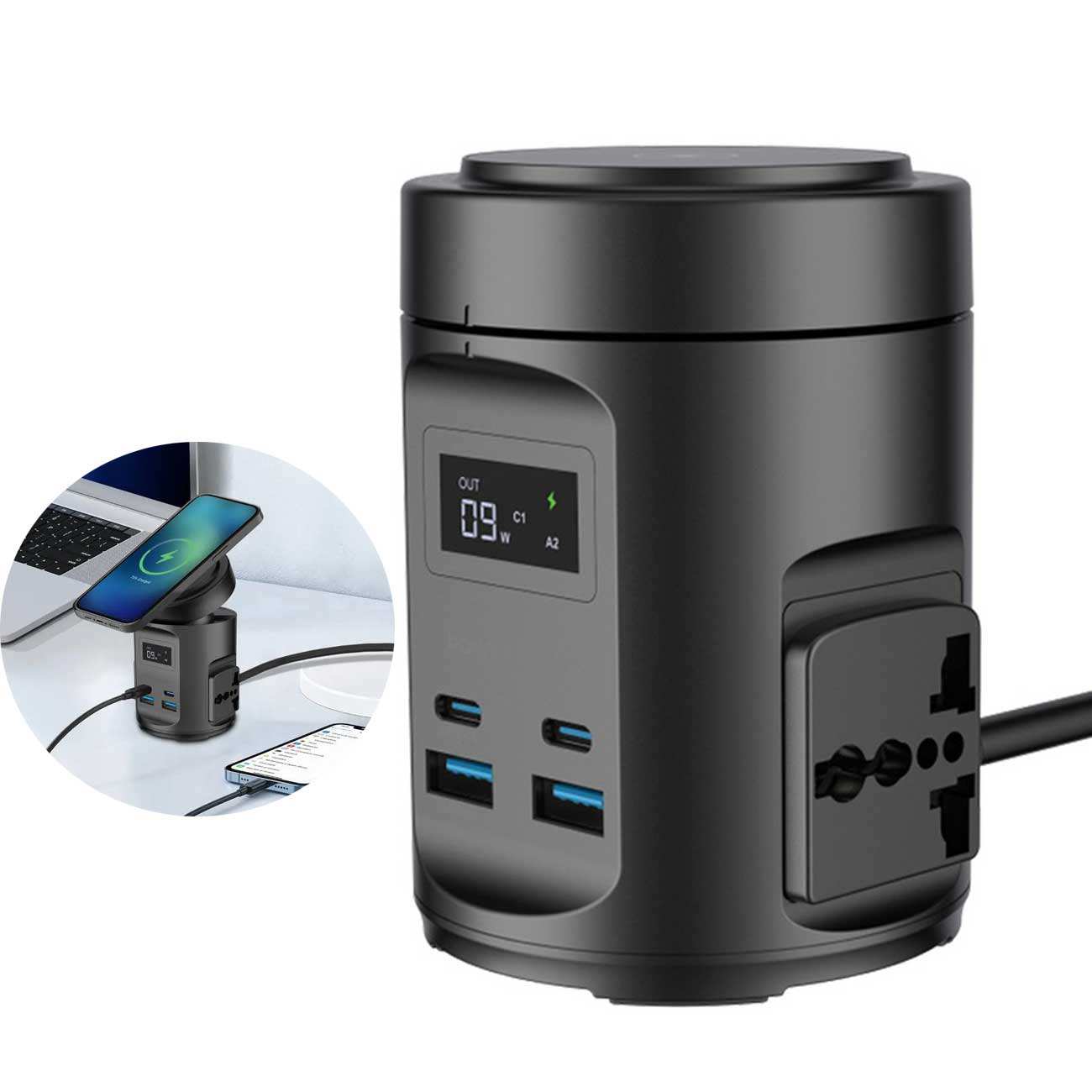 شارژر وایرلس رومیزی 15 وات و چندراهی برق 2200 وات دو یو اس بی، دو تایپ سی و دو سوکت برق پاورولوژی PWCUQC014