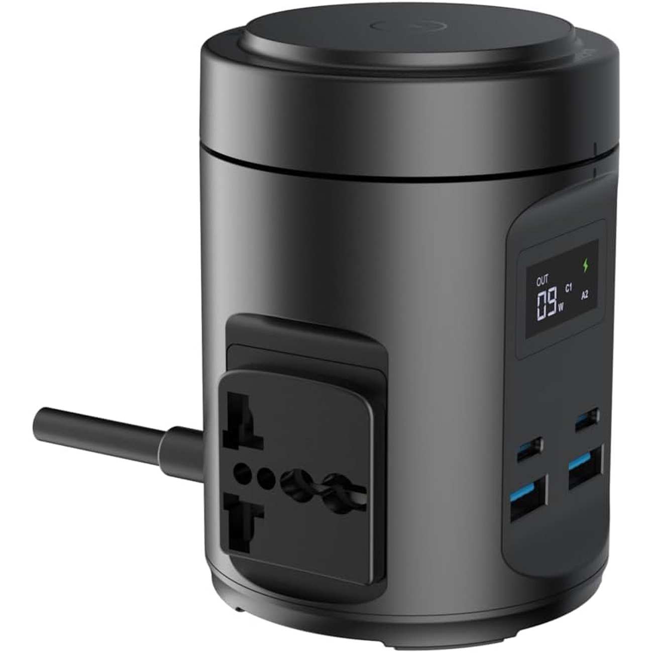 شارژر وایرلس رومیزی 15 وات و چندراهی برق 2200 وات دو یو اس بی، دو تایپ سی و دو سوکت برق پاورولوژی PWCUQC014