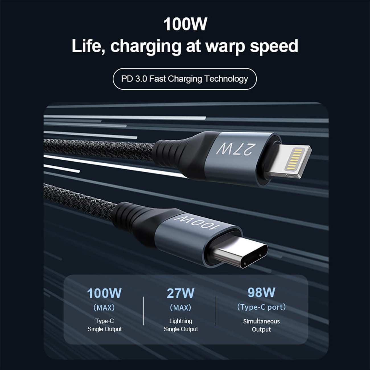 کابل سوپر فست شارژ سه سر تایپ سی به لایتنینگ 27 وات و تایپ سی 100 وات نیلکین DualPower
