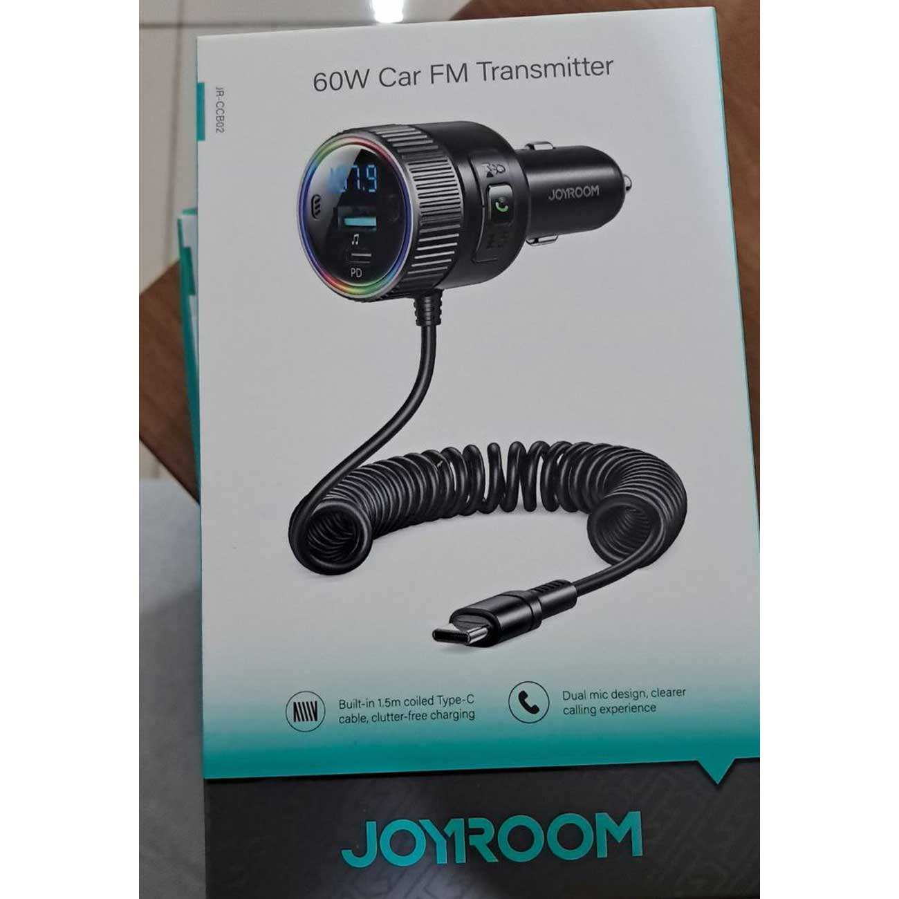 شارژر فندکی فست شارژ ماشین 60 وات تایپ سی و گیرنده بلوتوثی جویروم JR-CCB02