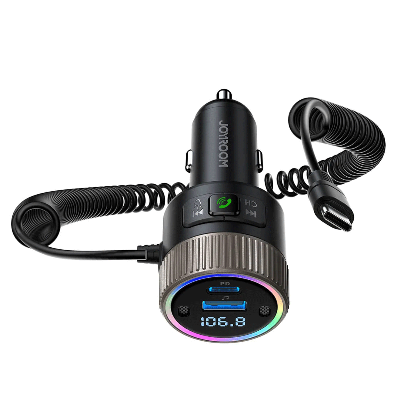 شارژر فندکی فست شارژ ماشین 60 وات تایپ سی و گیرنده بلوتوثی جویروم JR-CCB02
