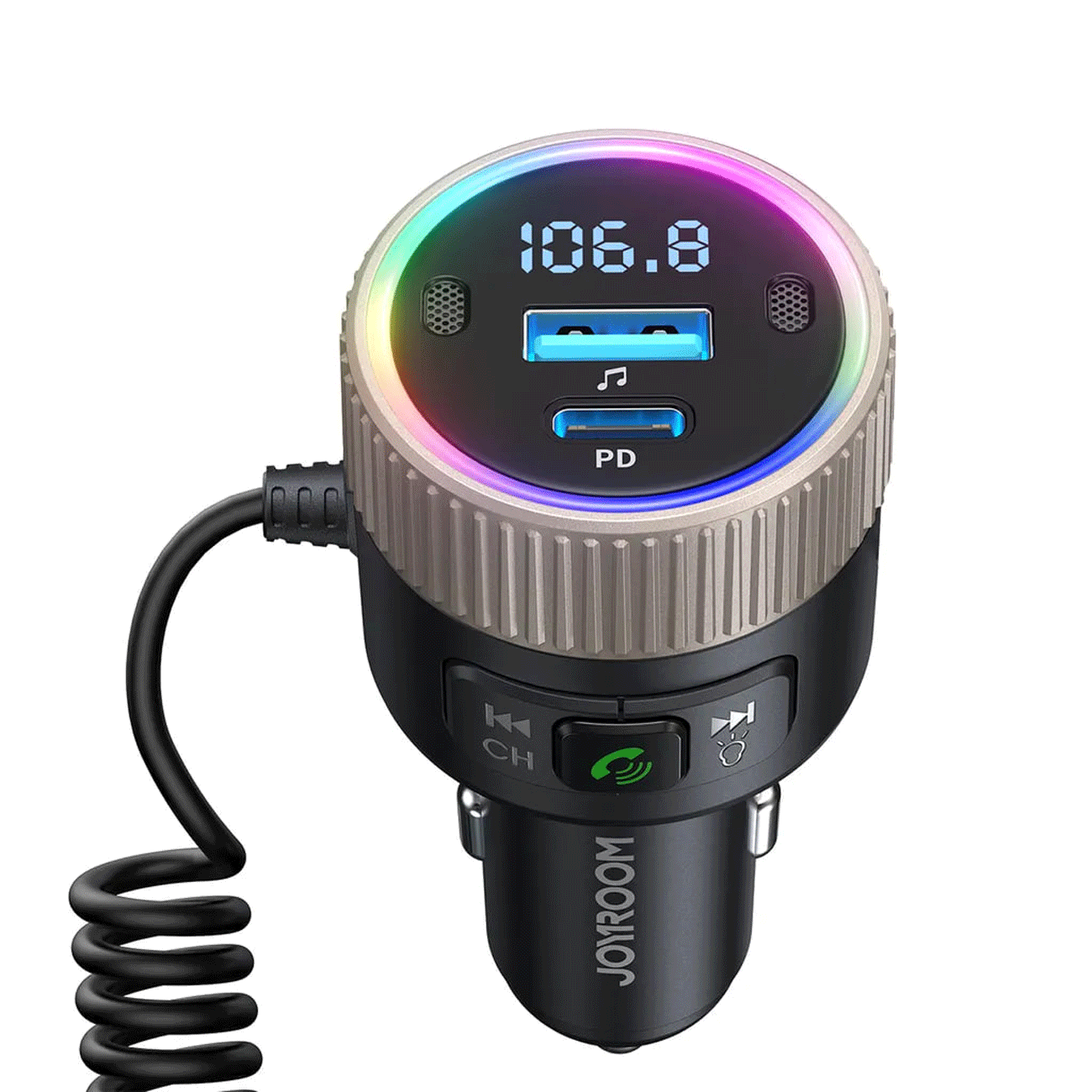 شارژر فندکی فست شارژ ماشین 60 وات تایپ سی و گیرنده بلوتوثی جویروم JR-CCB02