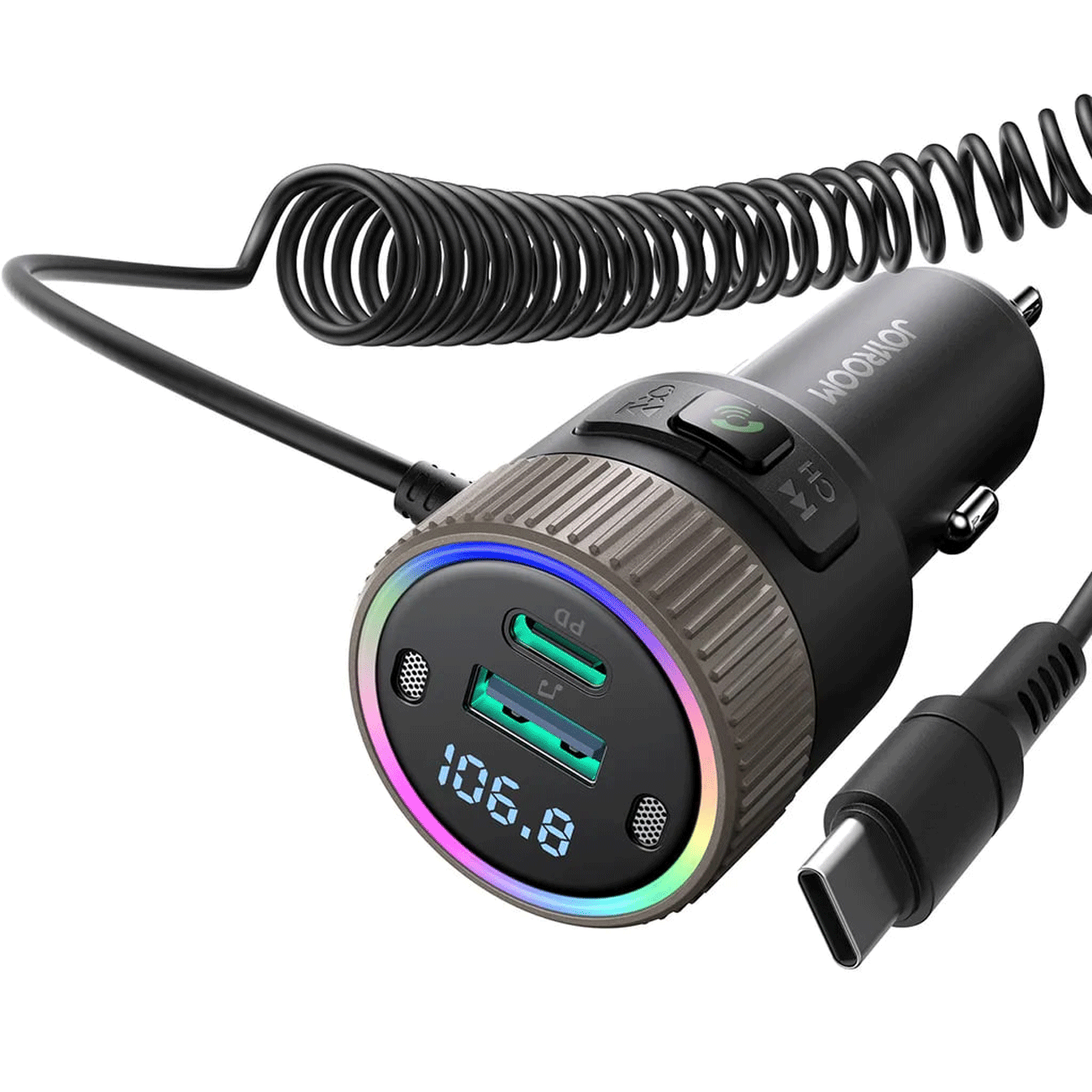 شارژر فندکی فست شارژ ماشین 60 وات تایپ سی و گیرنده بلوتوثی جویروم JR-CCB02