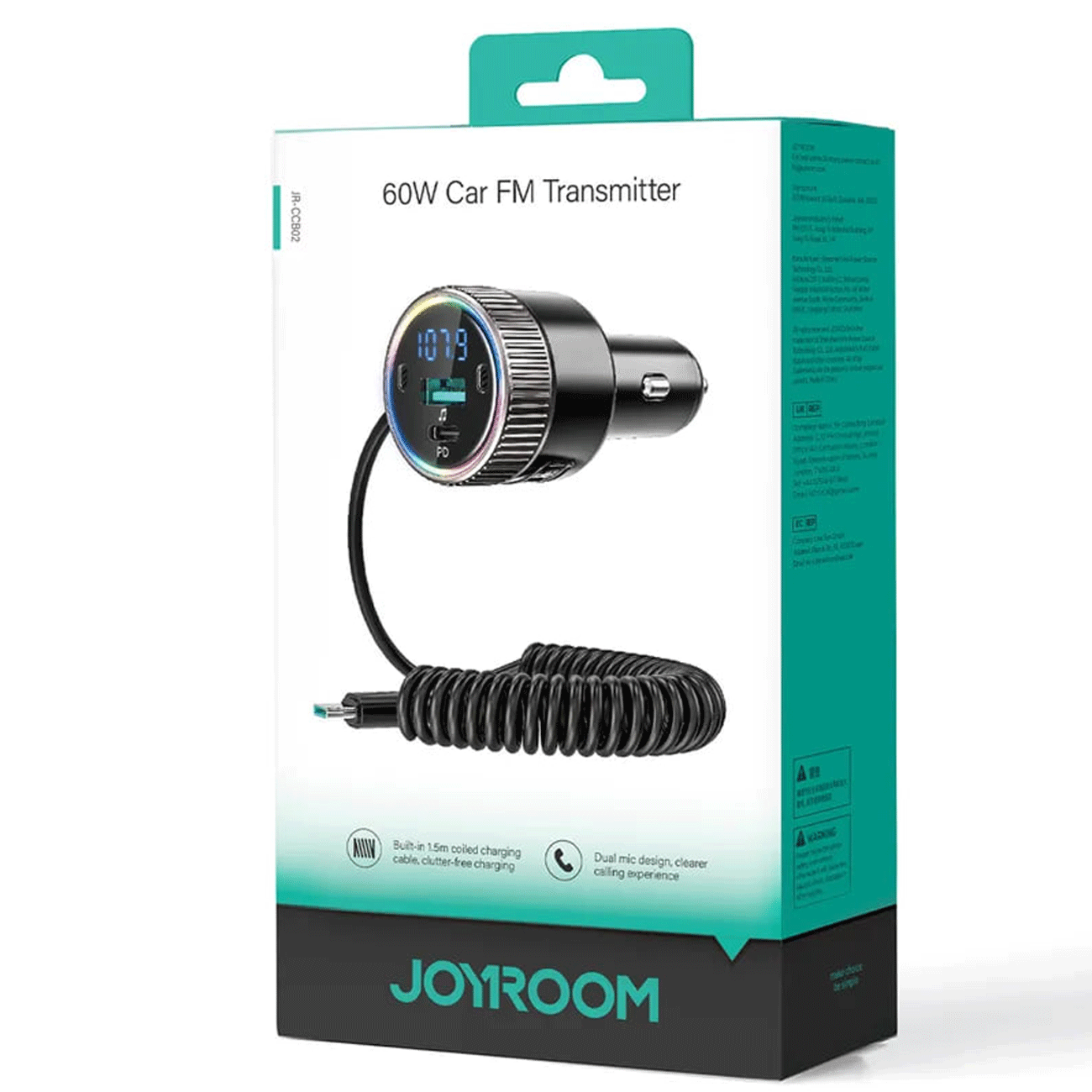 شارژر فندکی فست شارژ ماشین 60 وات تایپ سی و گیرنده بلوتوثی جویروم JR-CCB02