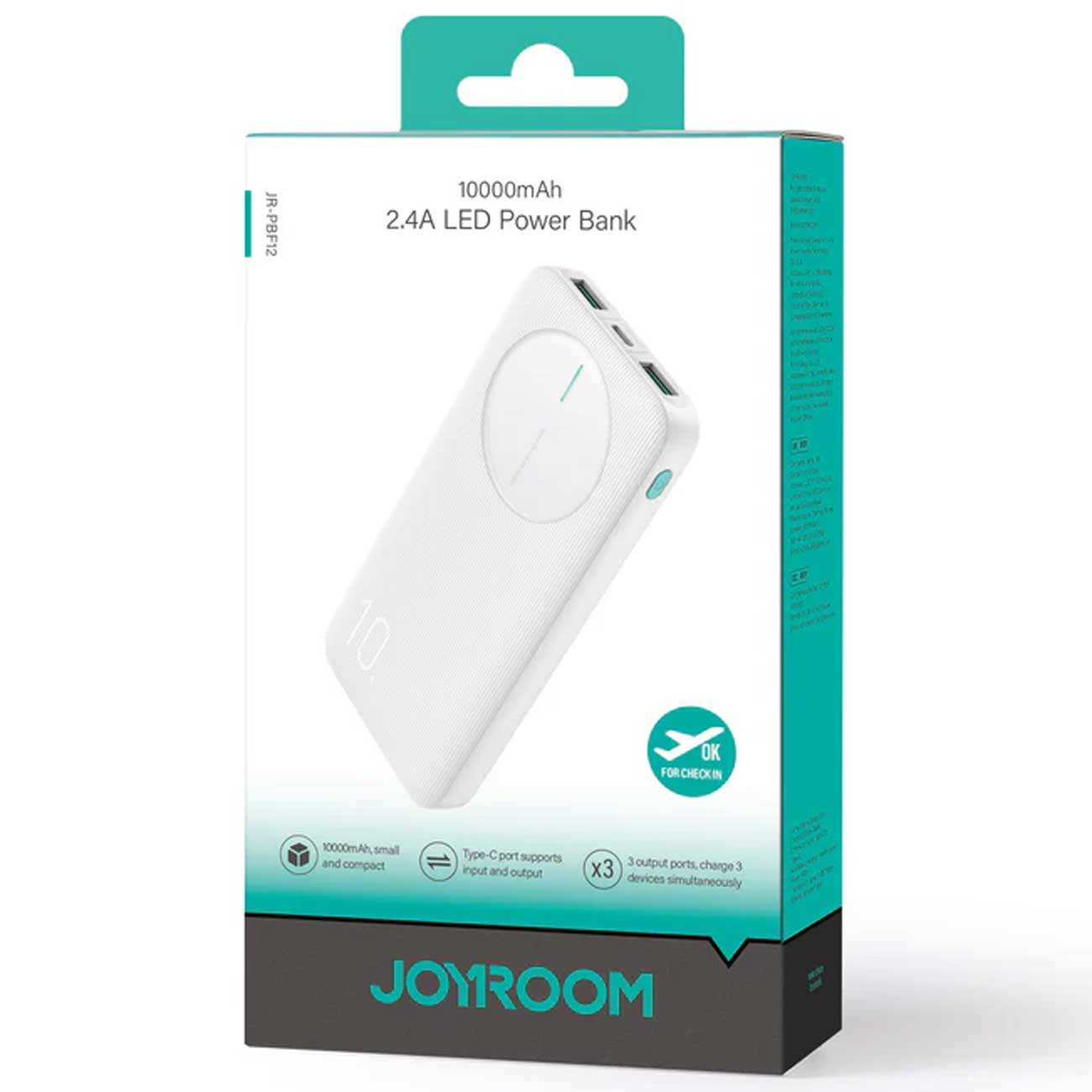 پاوربانک فست شارژ تایپ سی و یو اس بی 2.4 آمپر 10000 جویروم JR-PBF12