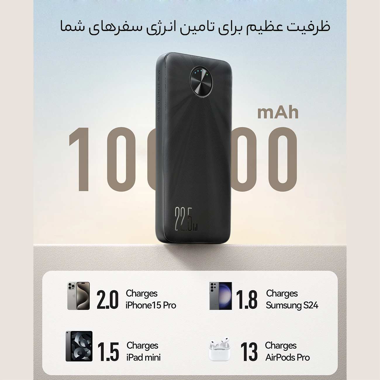 پاوربانک فست شارژ تایپ سی و یو اس بی 22.5 وات 10000 جویروم JR-PBF15