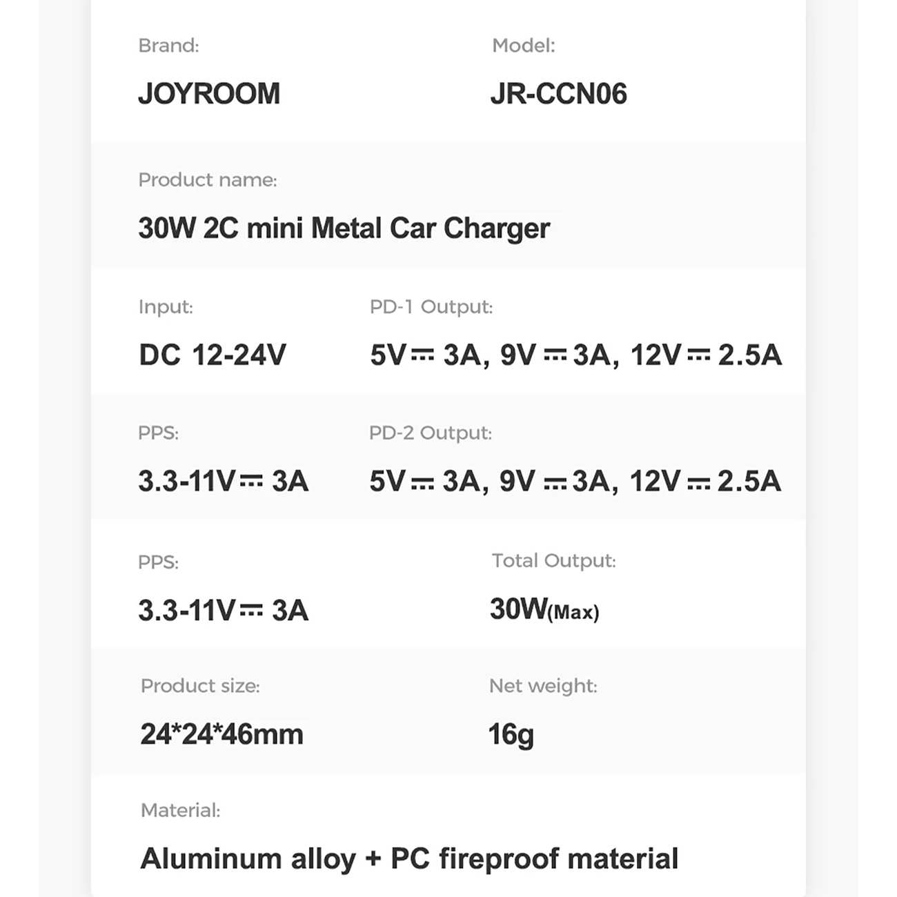 شارژر فندکی فست شارژ ماشین تایپ سی 30 وات جویروم JR-CCN06