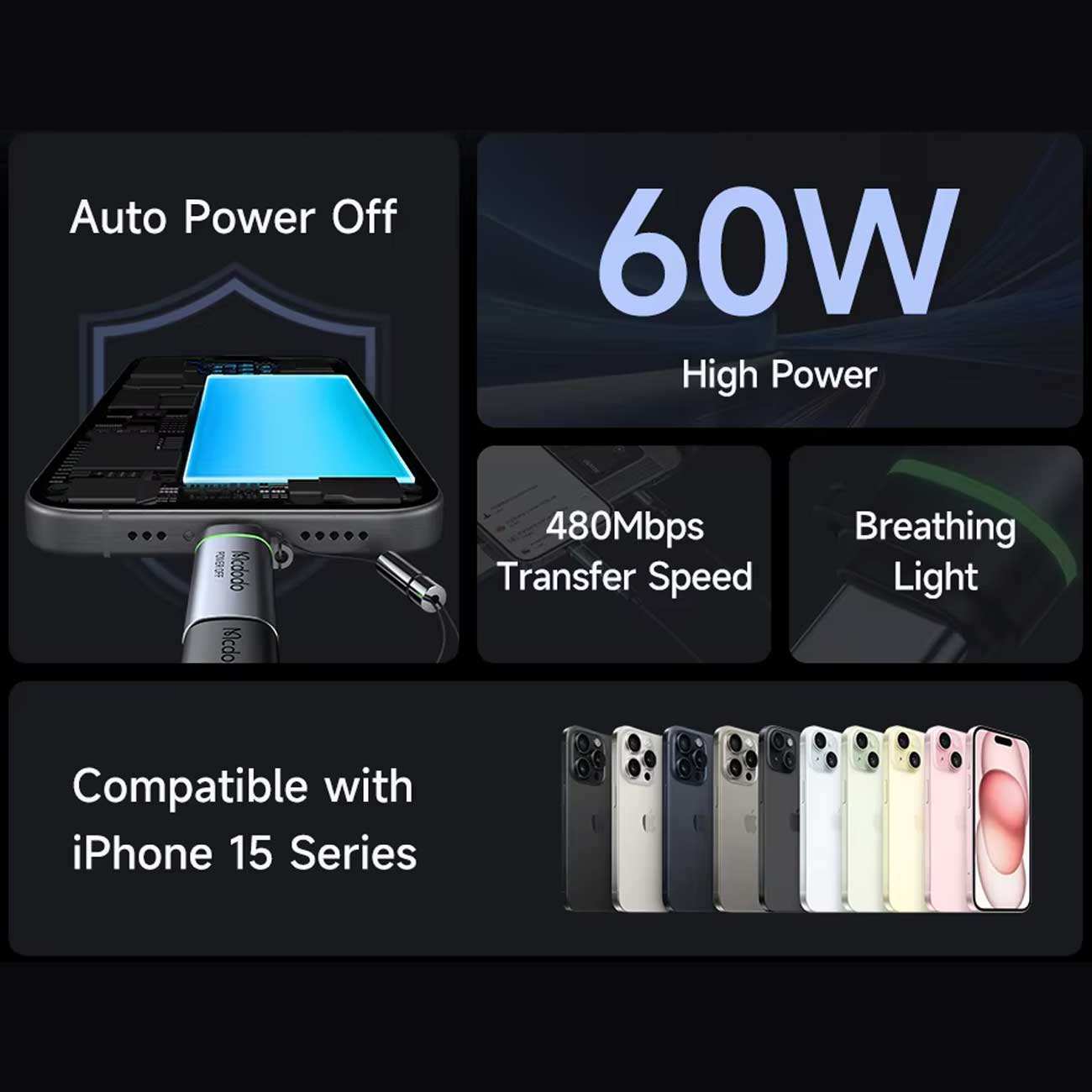 مبدل آیفون 15 تایپ سی به لایتنینگ با توان 60 وات مک دودو OT-601