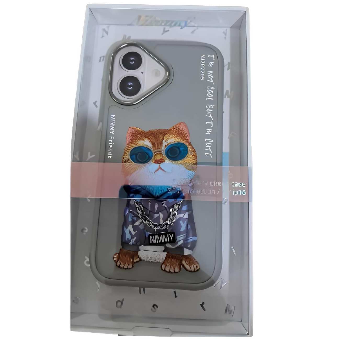 قاب محافظ گوشی آیفون 16 طرح گربه با عینک و زنجیر واقعی و خز گلدوزی شده نیمی YJ202205