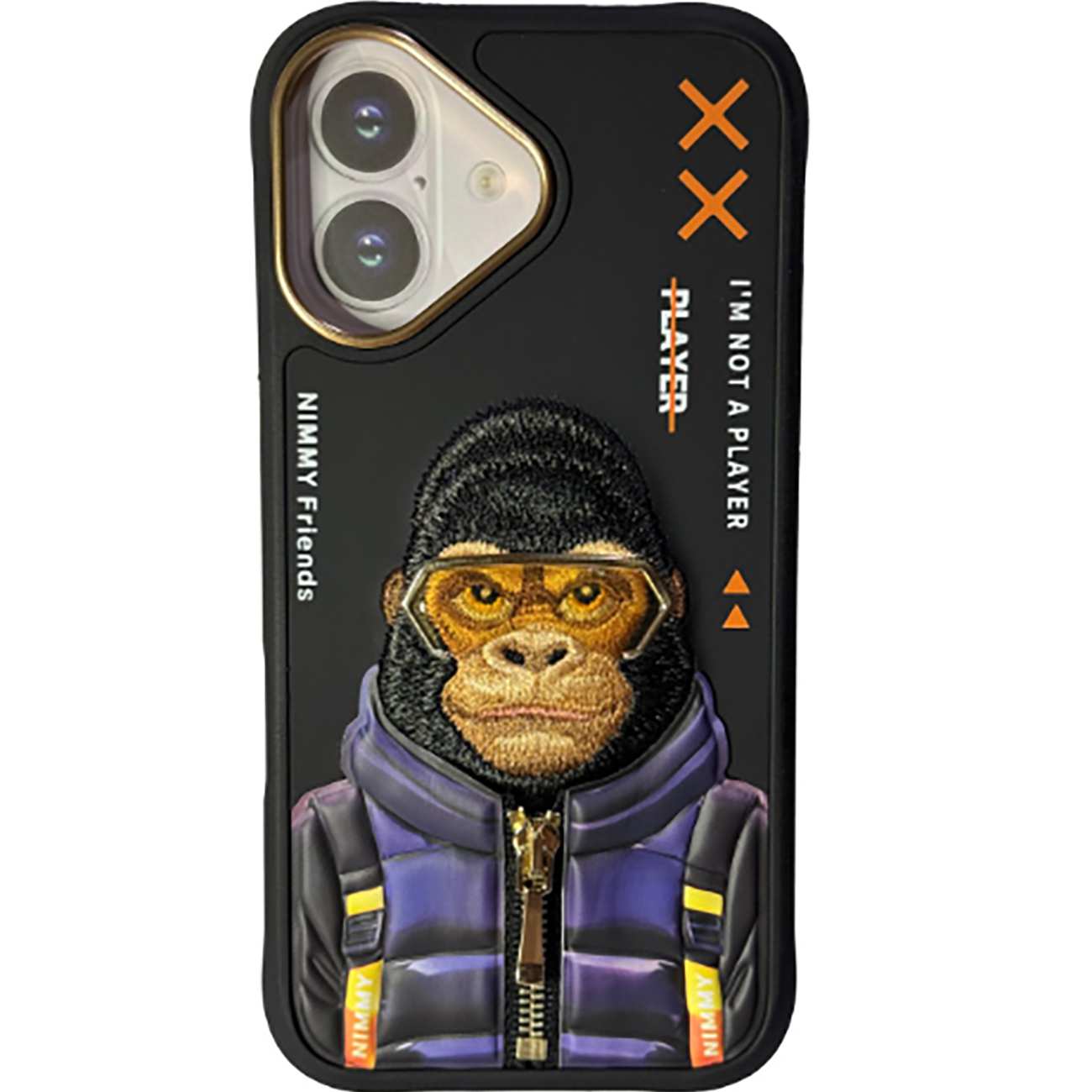 قاب محافظ گوشی آیفون 16 طرح گوریل با عینک و زیپ واقعی نیمی Embroidery