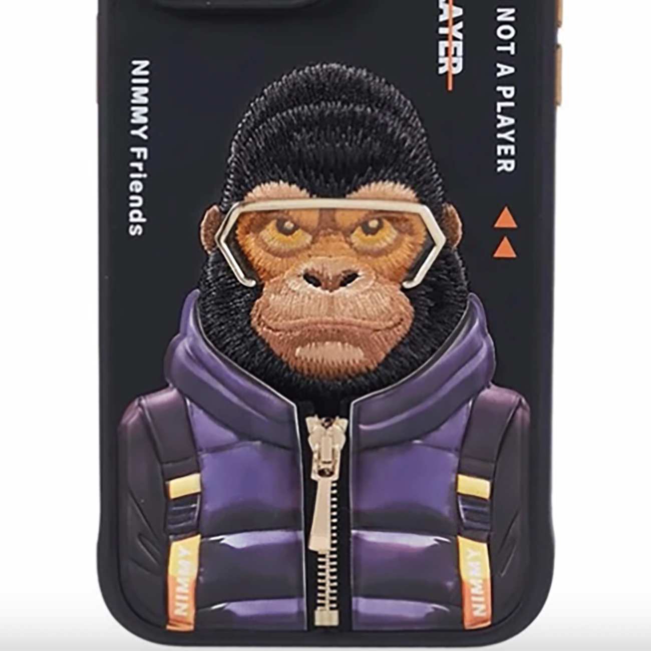 قاب محافظ گوشی آیفون 16 طرح گوریل با عینک و زیپ واقعی نیمی Embroidery