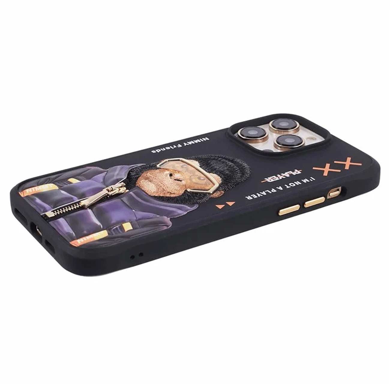 قاب محافظ گوشی آیفون 16 طرح گوریل با عینک و زیپ واقعی نیمی Embroidery