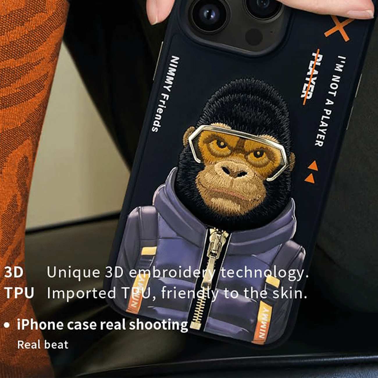 قاب محافظ گوشی آیفون 16 طرح گوریل با عینک و زیپ واقعی نیمی Embroidery