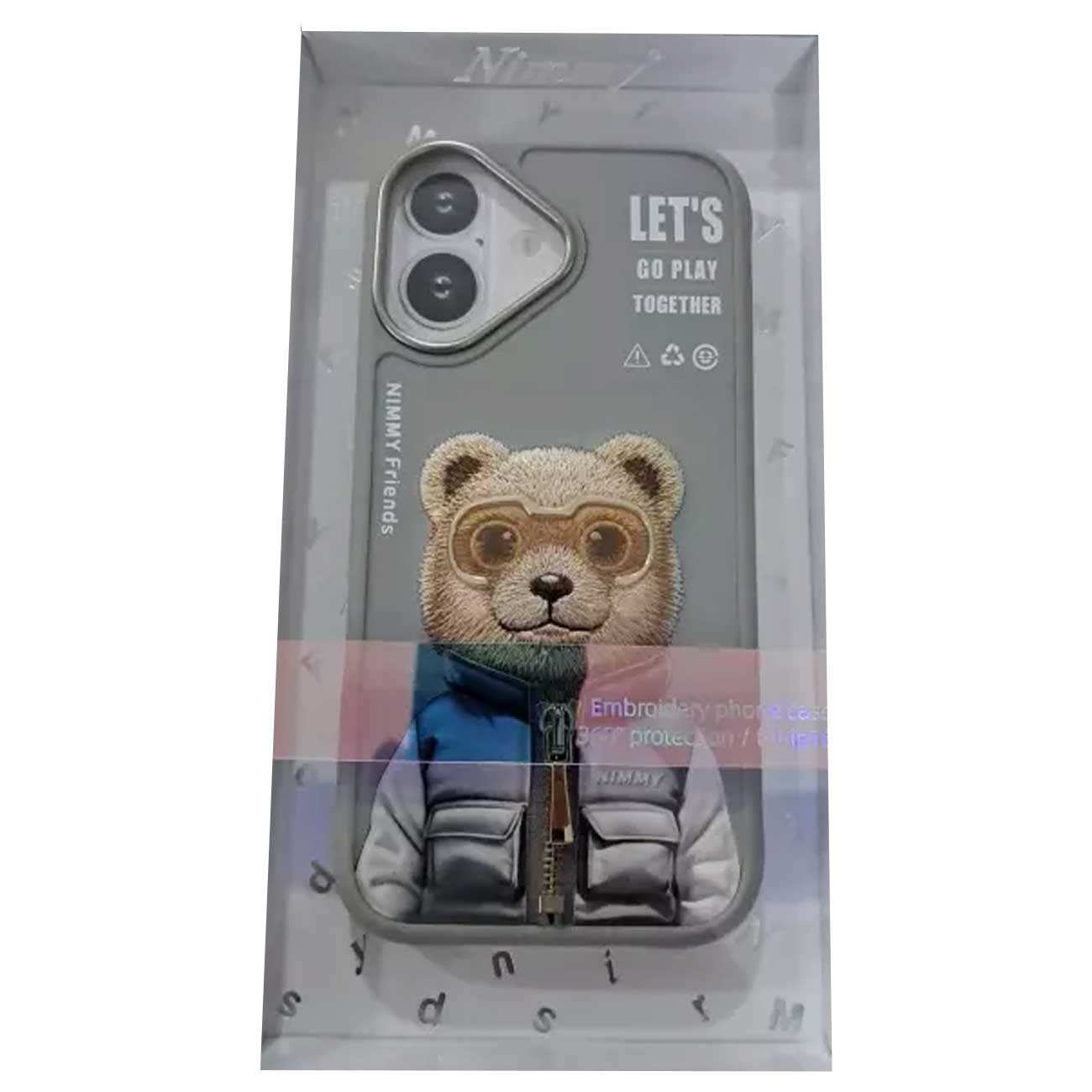 قاب محافظ گوشی آیفون 16 طرح خرس با عینک و زیپ واقعی نیمی Embroidery