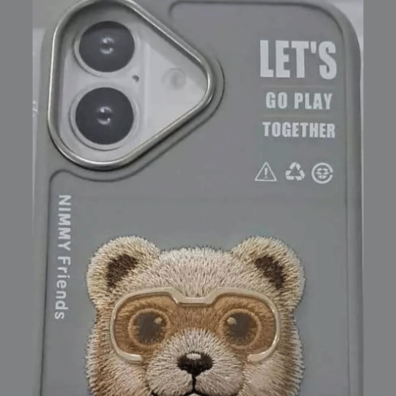 قاب محافظ گوشی آیفون 16 طرح خرس با عینک و زیپ واقعی نیمی Embroidery