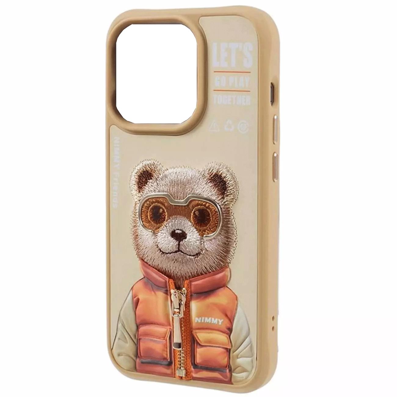 قاب محافظ گوشی آیفون 16 طرح خرس با عینک و زیپ واقعی نیمی Embroidery