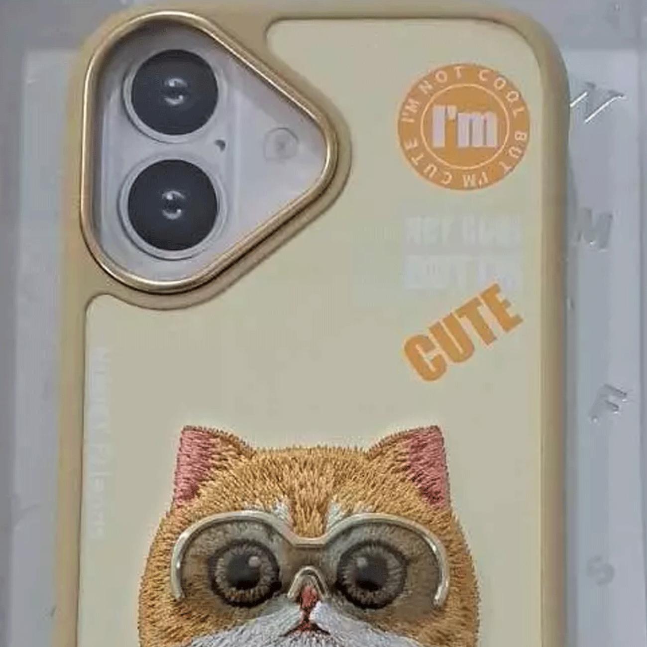 قاب محافظ گوشی آیفون 16 طرح خرس با عینک و زیپ واقعی نیمی Embroidery