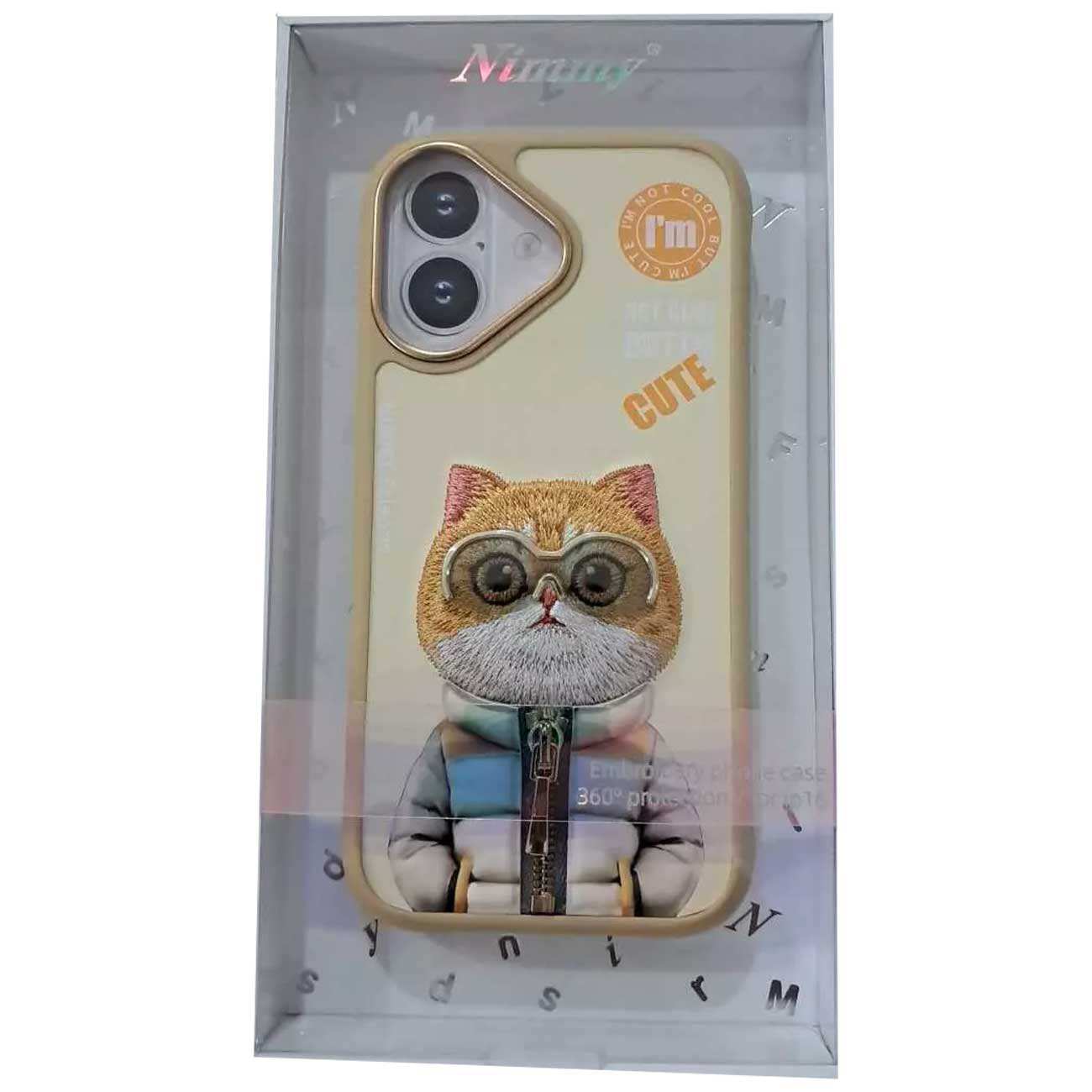 قاب محافظ گوشی آیفون 16 طرح خرس با عینک و زیپ واقعی نیمی Embroidery