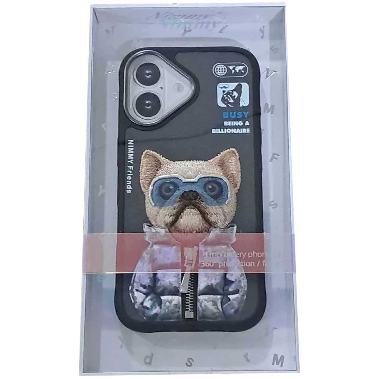 قاب محافظ گوشی آیفون 16 طرح سگ با عینک و زیپ واقعی نیمی Embroidery