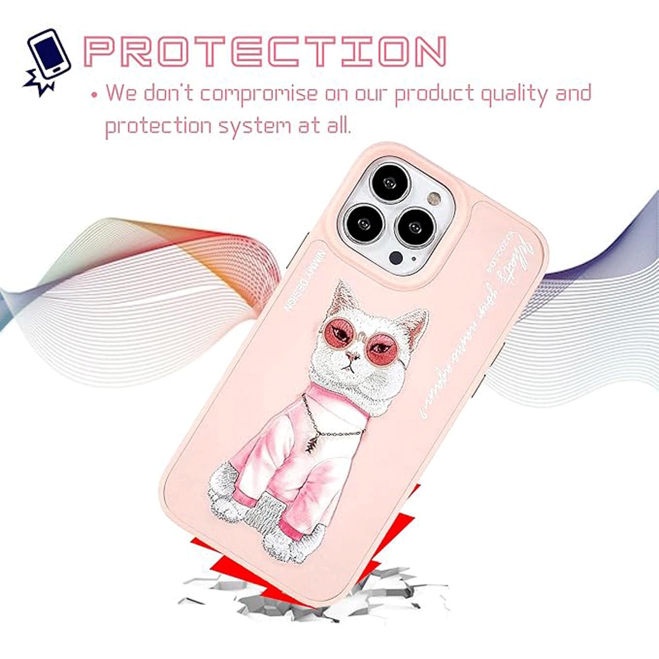 قاب محافظ گوشی آیفون 16 طرح گربه با زنجیر و عینک واقعی نیمی YJ202104