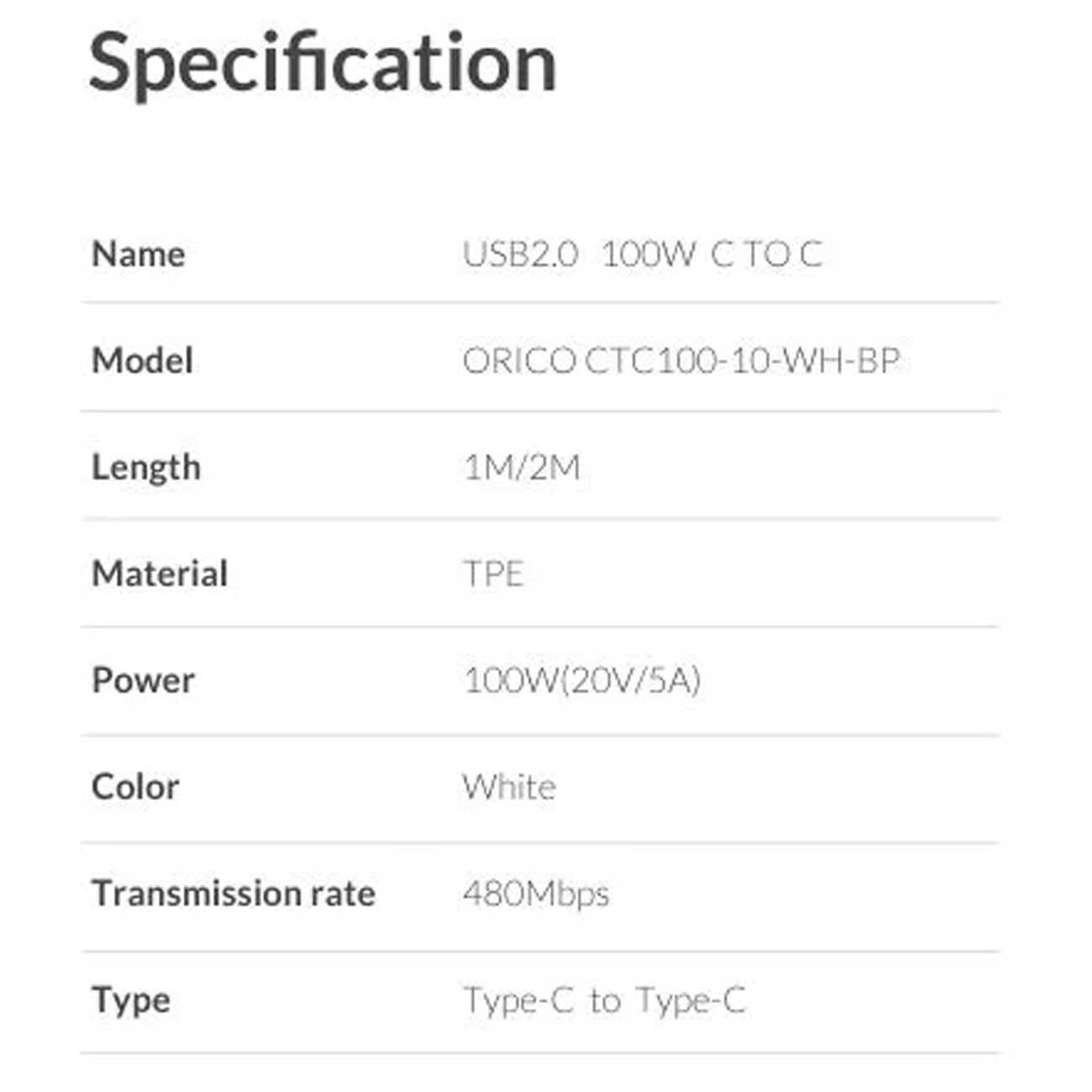 کابل دو سر تایپ سی سوپر فست شارژ 100 وات 5 آمپر 2 متری اوریکو CTC100-20