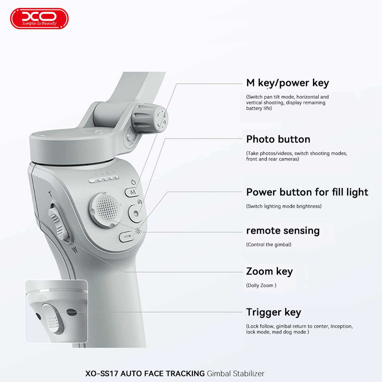 گیمبال و استابلایزر سه محوره گوشی موبایل با قابلیت ردیابی خودکار چهره ایکس او SS17
