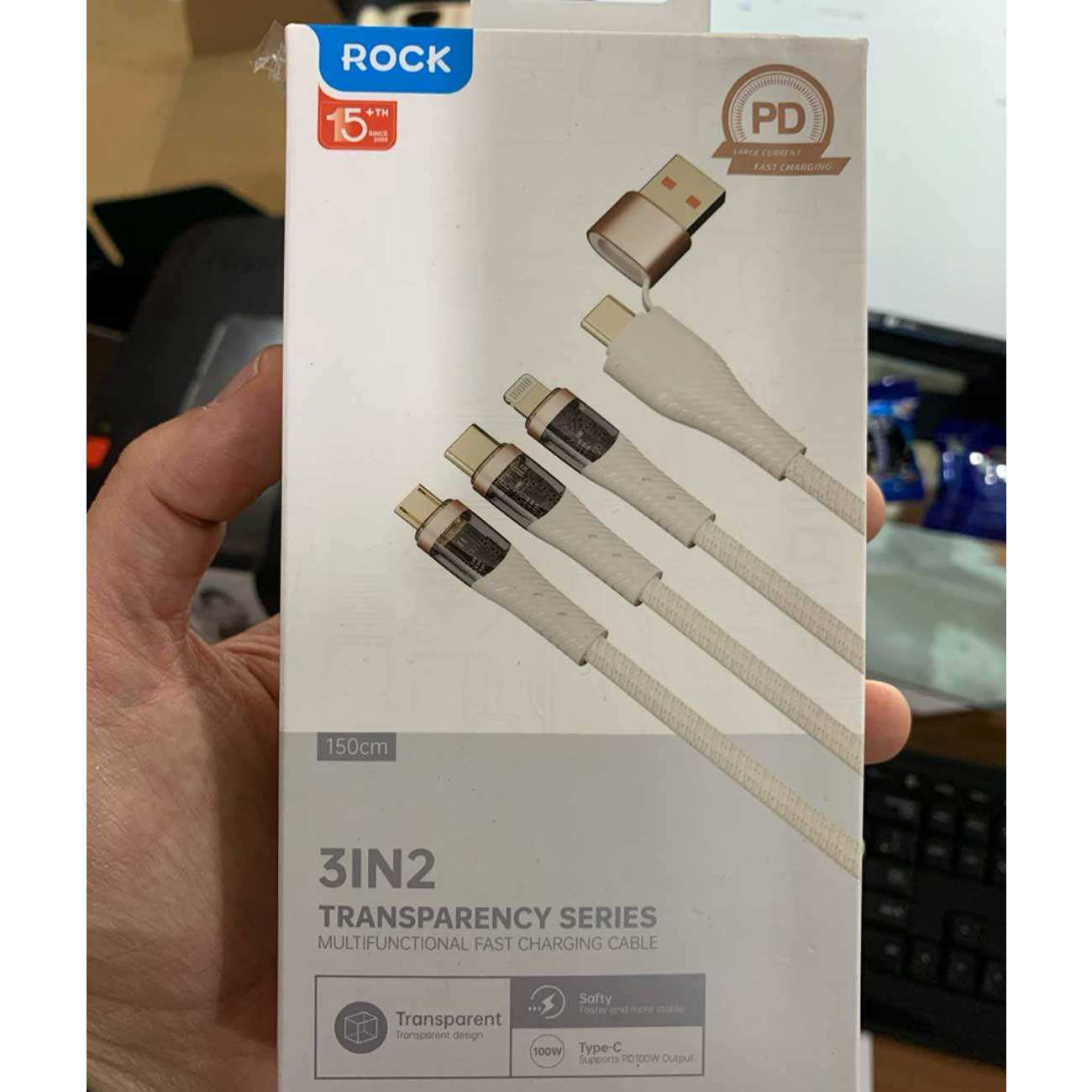 کابل سوپر فست شارژ چند سر تایپ سی و یو اس بی به تایپ سی، لایتنینگ و میکرو 100 وات 1.5 متری راک RCB0860