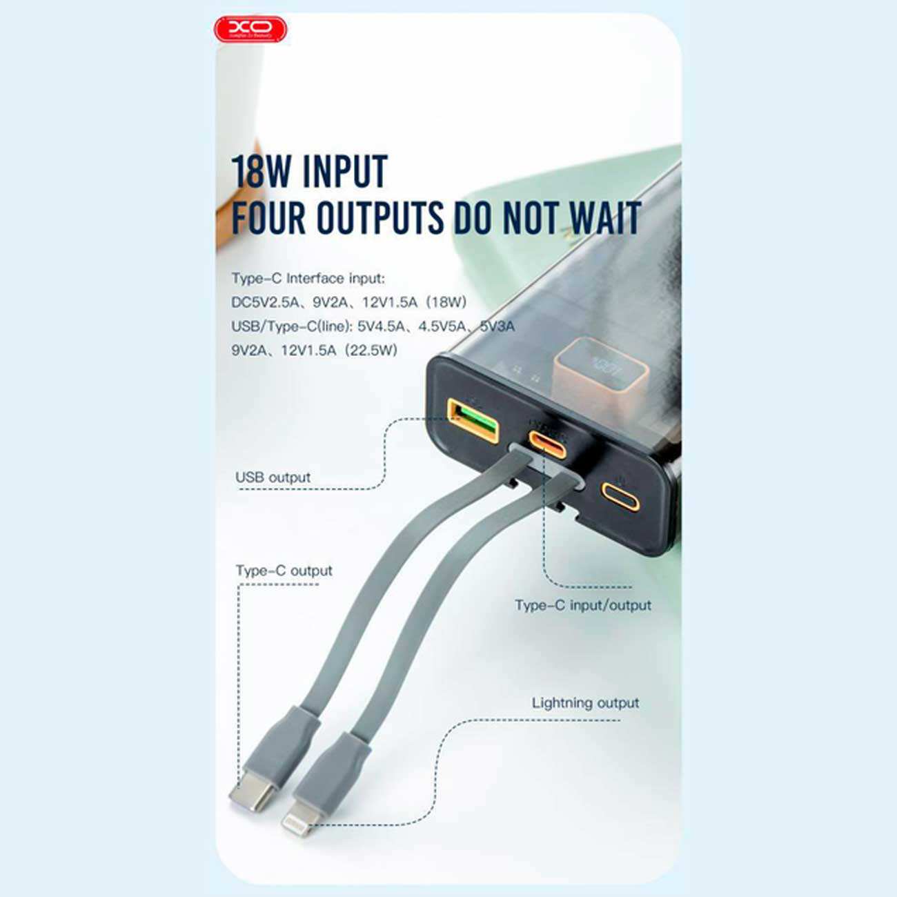 پاوربانک فست شارژ یو اس بی، لایتنینگ و تایپ سی 22.5 وات 20000 ایکس او PR196