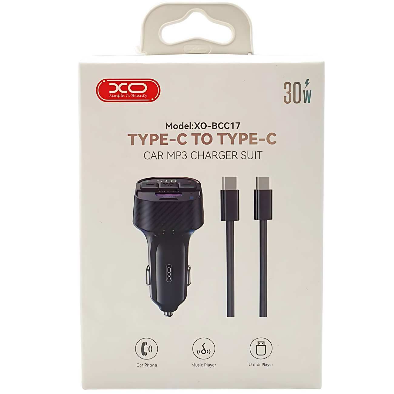 شارژر فندکی فست شارژ ماشین 30 وات و گیرنده بلوتوث خودرو با کابل دو سر تایپ سی ایکس او BCC17