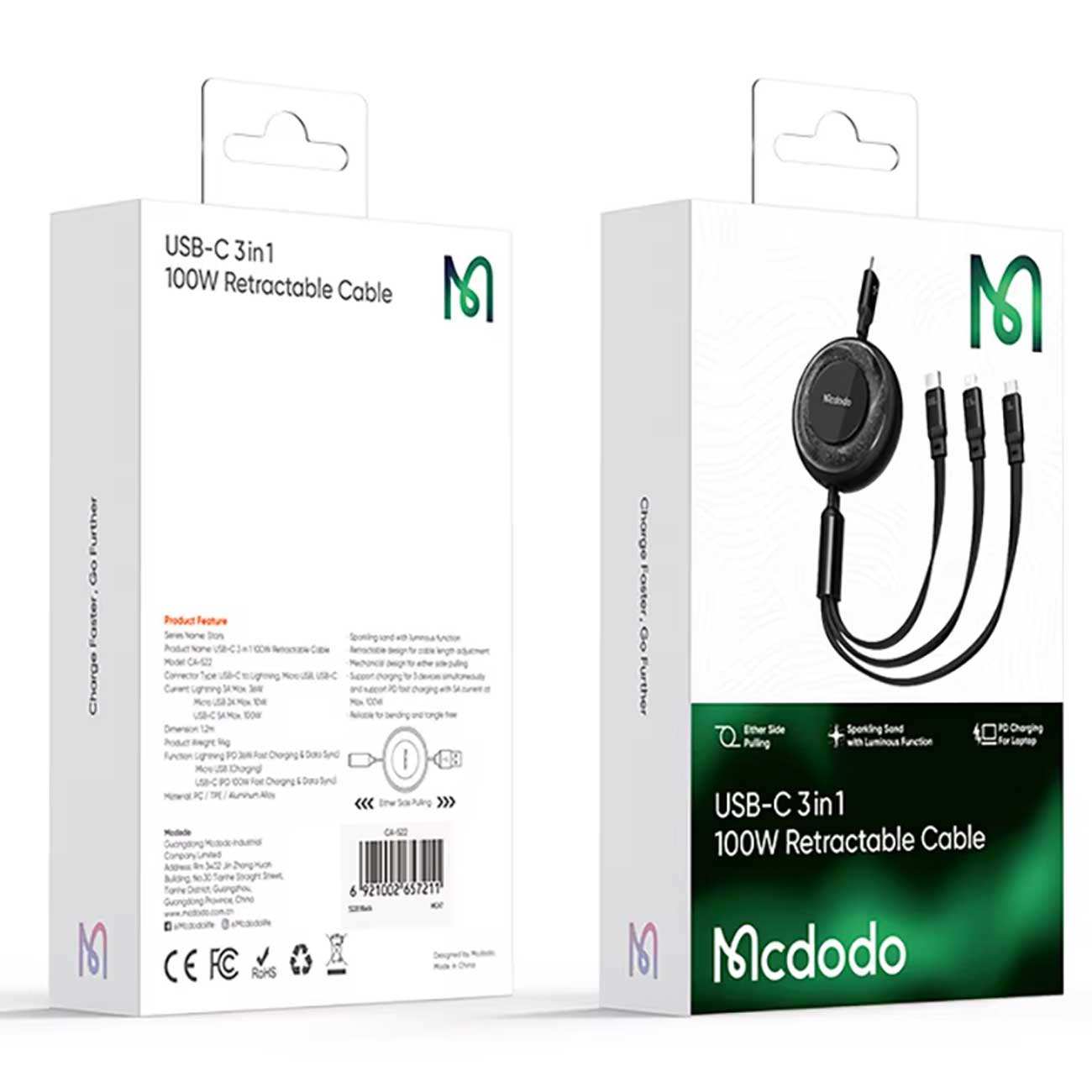 کابل شارژ سه سر تایپ سی به تایپ سی 100 وات، لایتنینگ 36 وات و میکرو یو اس بی 10 وات 1.2 متری مک دودو CA-5220