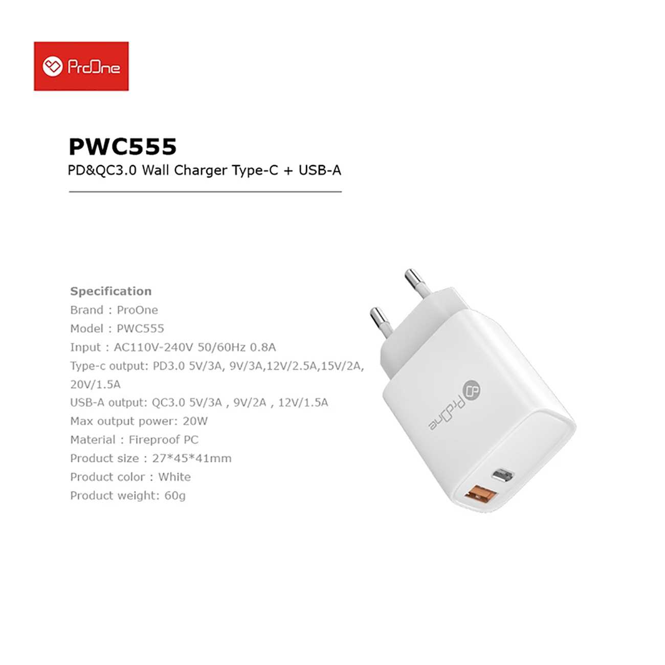 شارژر دیواری 20 وات پرووان PWC555
