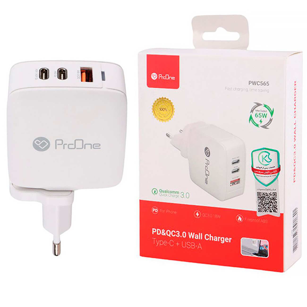 شارژر دیواری تایپ سی و یو اس بی 65 وات پرووان PWC565