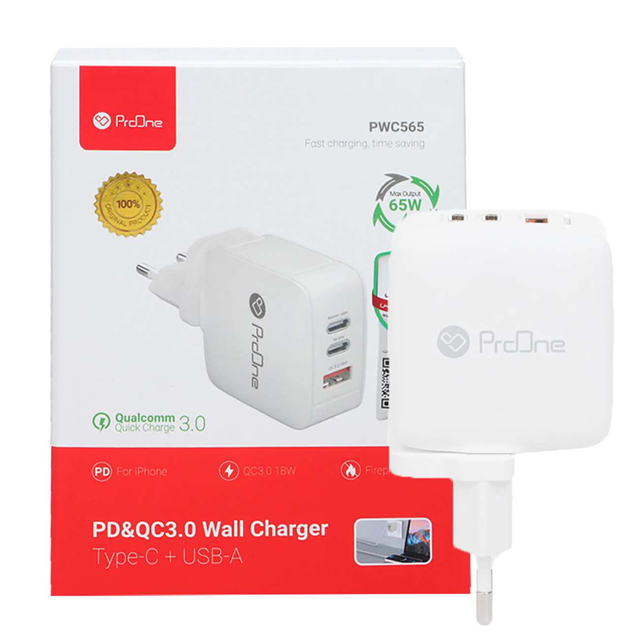 شارژر دیواری تایپ سی و یو اس بی 65 وات پرووان PWC565