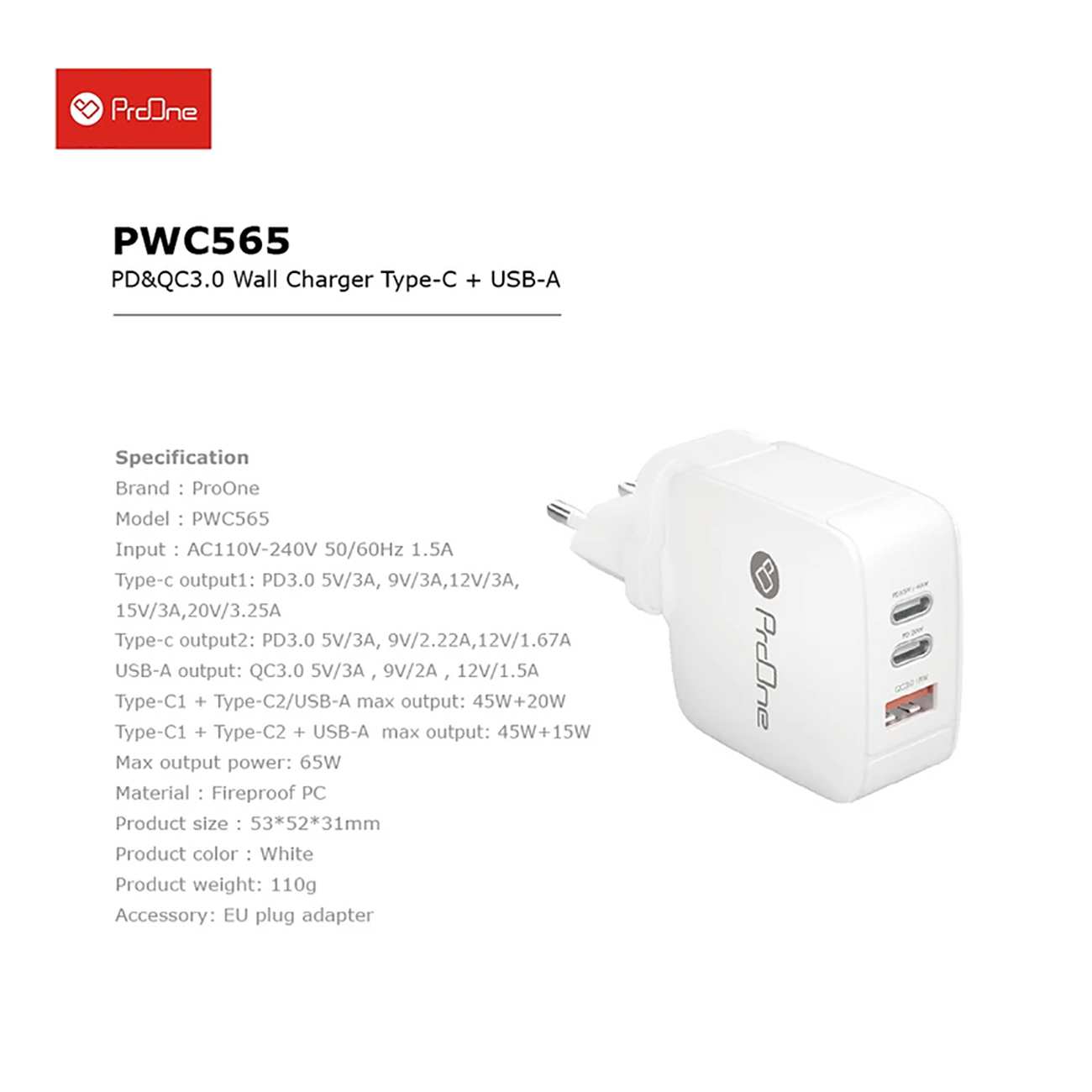 شارژر دیواری تایپ سی و یو اس بی 65 وات پرووان PWC565