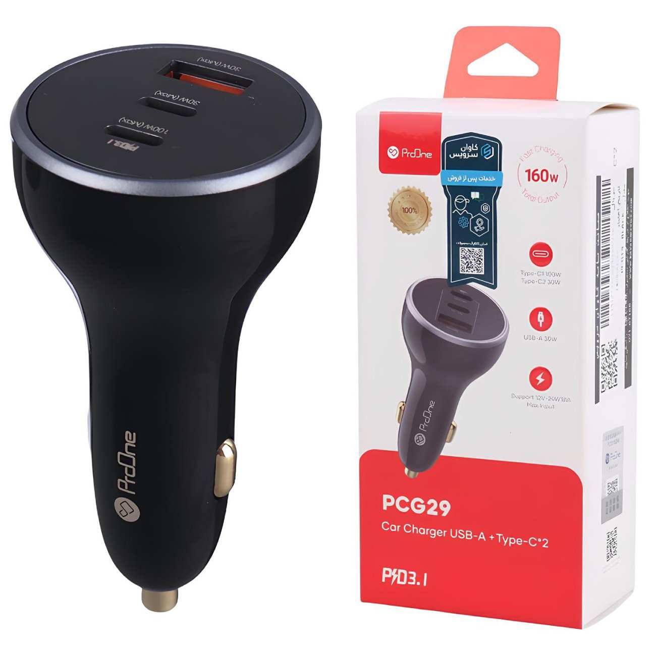 شارژر فندکی فست شارژ ماشین تایپ سی و یو اس بی 160 وات پرووان PCG29