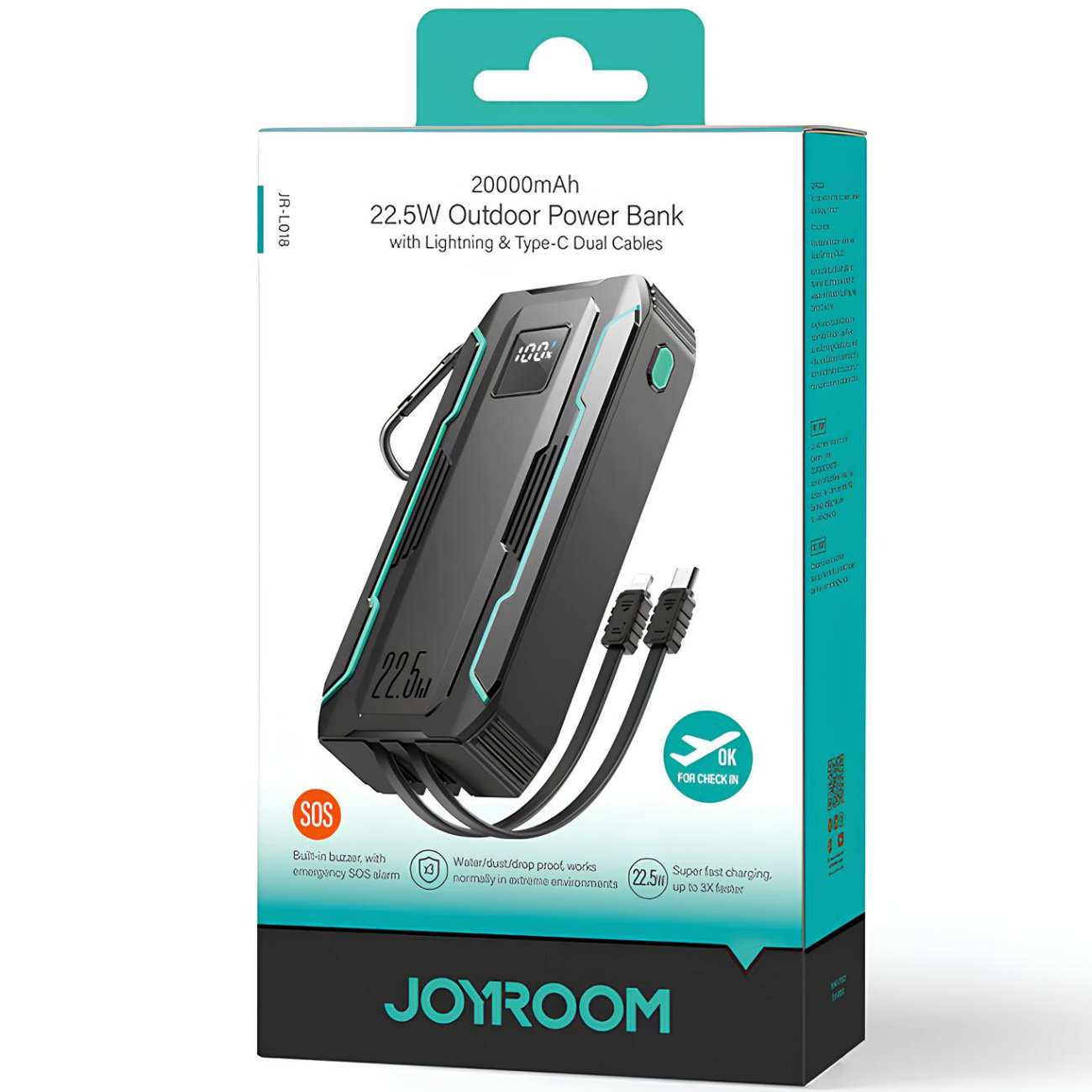 پاور بانک فست شارژ یو اس بی و تایپ سی 22.5 وات 20000 با کابل تایپ سی و لایتنینگ جویروم JR-L018
